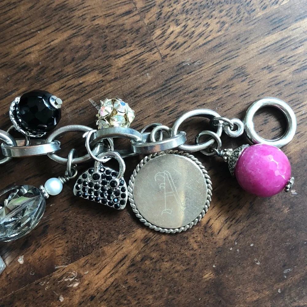 Custom Handmade Charm Bracelet Silver 14 Heavy Charms Cross Toggle Link Chain 7